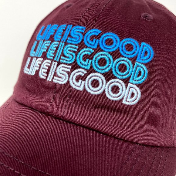 Life Is Good Strapback Hat Cap Beach Golf Relax Maroon Blue Words - Picture 2 of 7